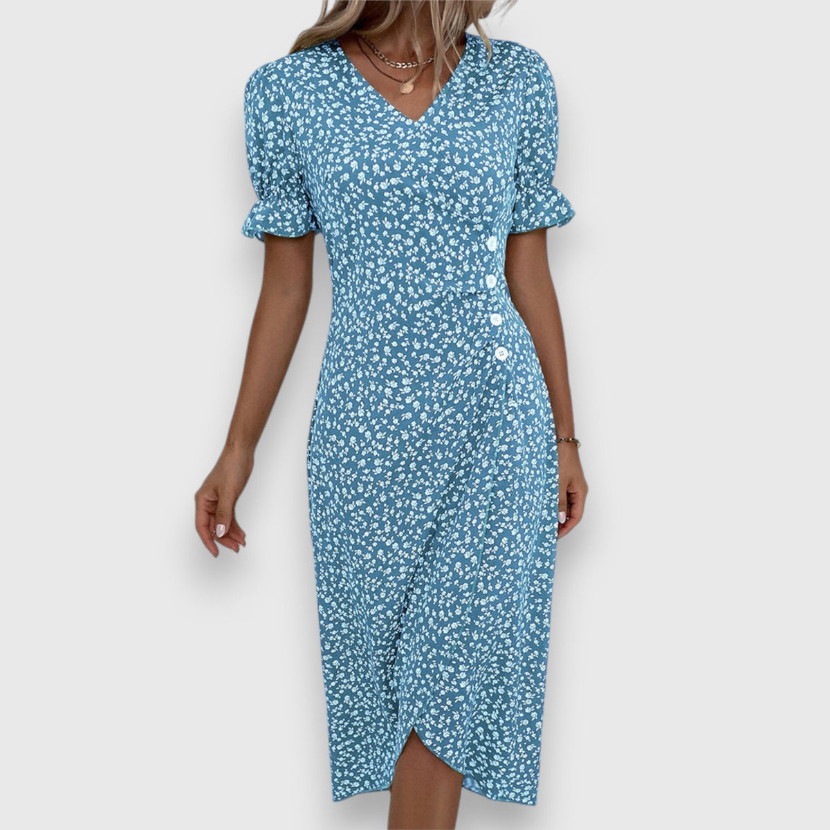 Tessina – Elegant Floral Dress – Blue | The Bellemont Sisters Australia