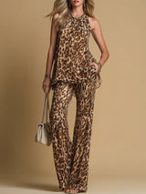 Elegant Leopard Print Sleeveless Chiffon Top And Flared Pants Set – Brown | The Bellemont Sisters Australia