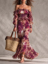 Rose Pink Floral Off-Shoulder Chiffon Maxi Dress – Rose Pink | The Bellemont Sisters Australia