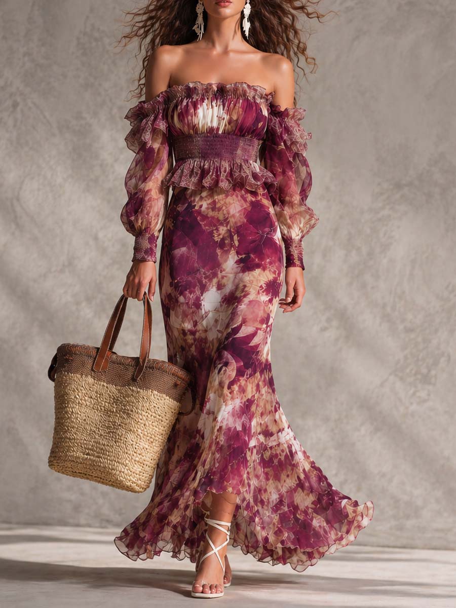 Rose Pink Floral Off-Shoulder Chiffon Maxi Dress – Rose Pink | The Bellemont Sisters Australia