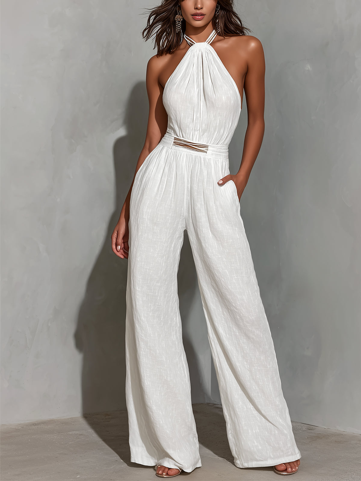 White Faux Cotton-Linen Halter-Neck Sleeveless Jumpsuit – White | The Bellemont Sisters Australia