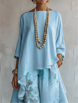 Blue Asymmetrical Top and Floral Wide-Leg Pants Set | The Bellemont Sisters Australia