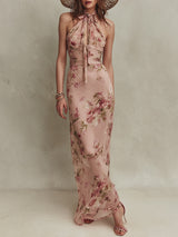 Lia - Elegant Floral Print Chiffon Maxi Dress with Keyhole Neckline – Pink | The Bellemont Sisters Australia