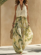 Alessandra - Chiffon Sleeveless Top with Ruffles and Lilium Print Trousers – Green | The Bellemont Sisters Australia