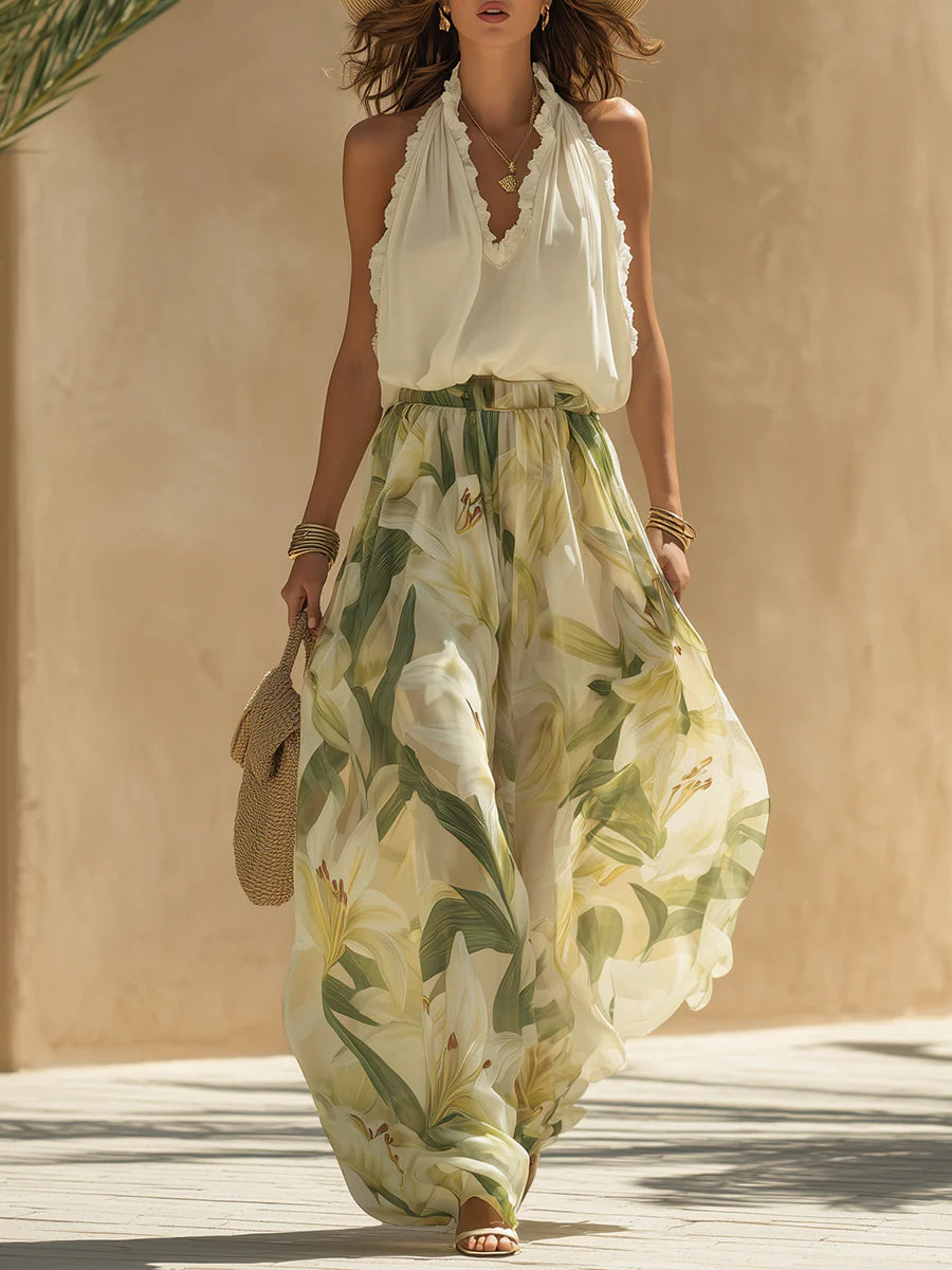 Alessandra - Chiffon Sleeveless Top with Ruffles and Lilium Print Trousers – Green | The Bellemont Sisters Australia