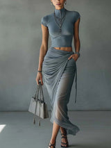 Blue Cropped T-Shirt and Sheer Mesh Draped Skirt Set – Blue | The Bellemont Sisters Australia