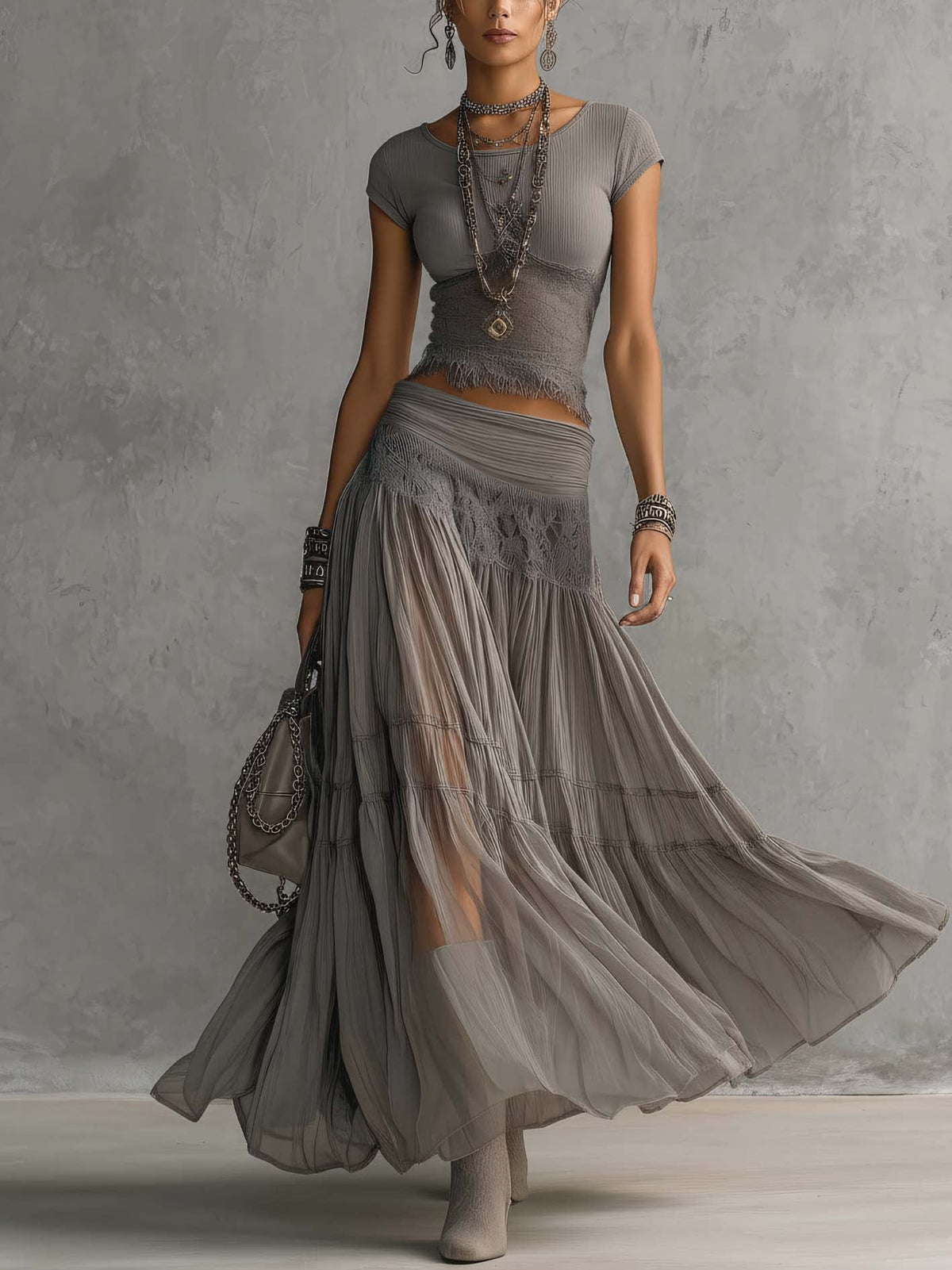 Grey Sheer Lace-Paneled Top and Pleated Maxi Skirt Set – Grey | The Bellemont Sisters Australia