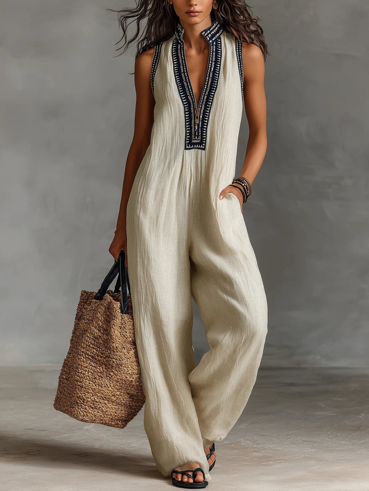 Fiamma - Sleeveless Jumpsuit with Minimalist High Collar and Zip – Beige | The Bellemont Sisters Australia