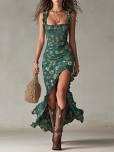 Bohemian Green Printed Maxi Dress with Ruffled Sleeves – Green | The Bellemont Sisters Australia