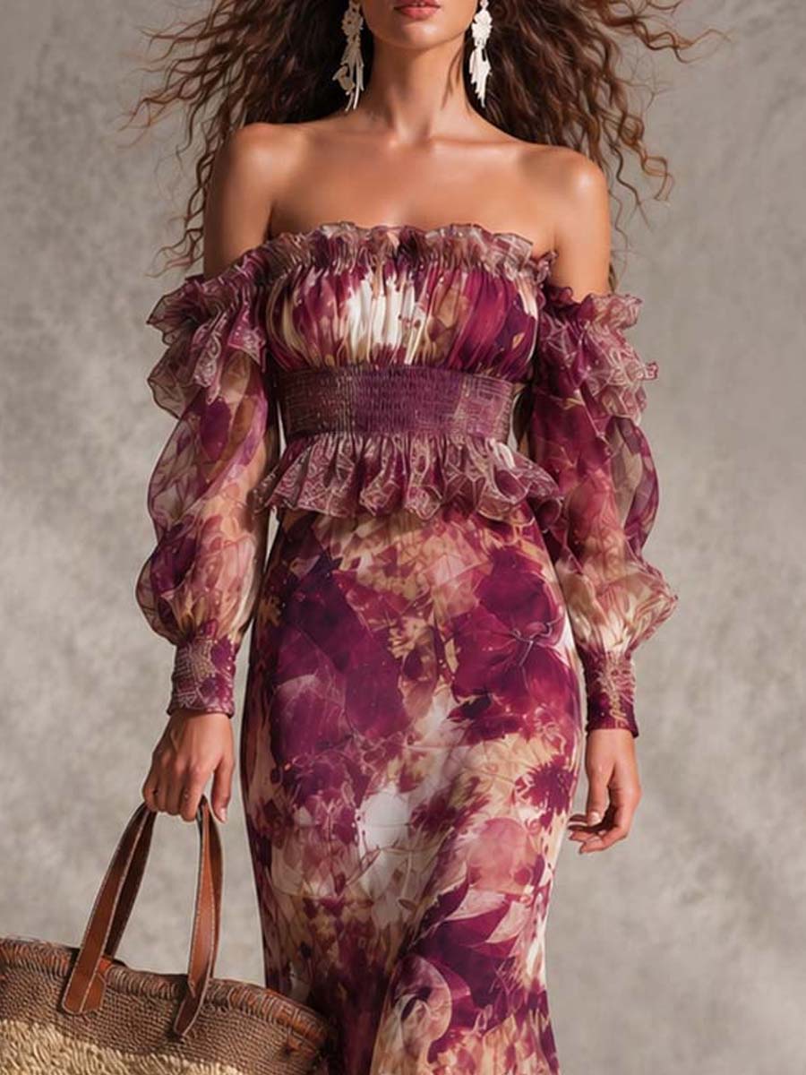 Rose Pink Floral Off-Shoulder Chiffon Maxi Dress | The Bellemont Sisters Australia