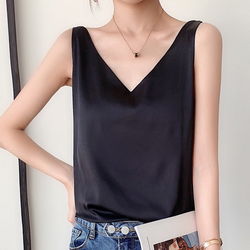 Lily | Women’s Classic Relaxed Fit Draped Satin Tanks – Black | The Bellemont Sisters Australia