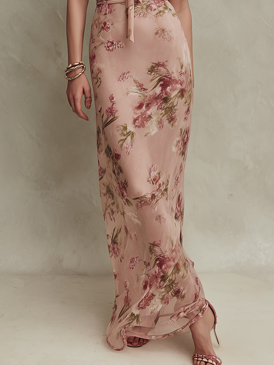 Lia - Elegant Floral Print Chiffon Maxi Dress with Keyhole Neckline | The Bellemont Sisters Australia
