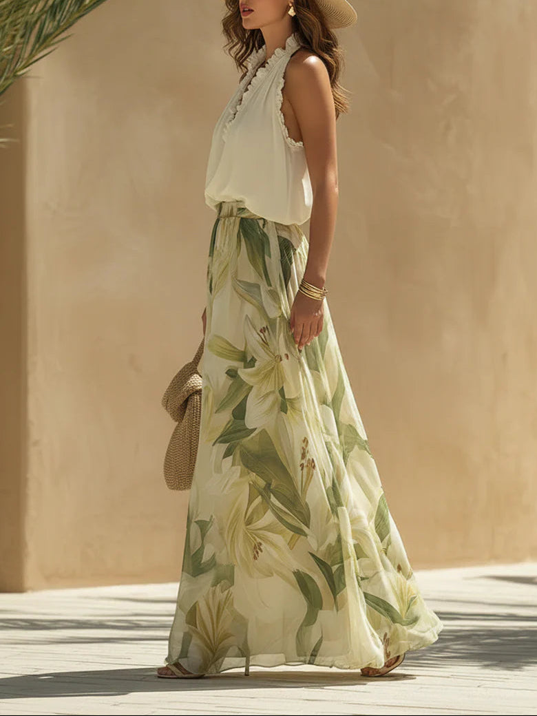Alessandra - Chiffon Sleeveless Top with Ruffles and Lilium Print Trousers | The Bellemont Sisters Australia