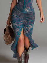 Blue Oil Painting Floral Print Midi Dress With Lace Trim | The Bellemont Sisters Australia