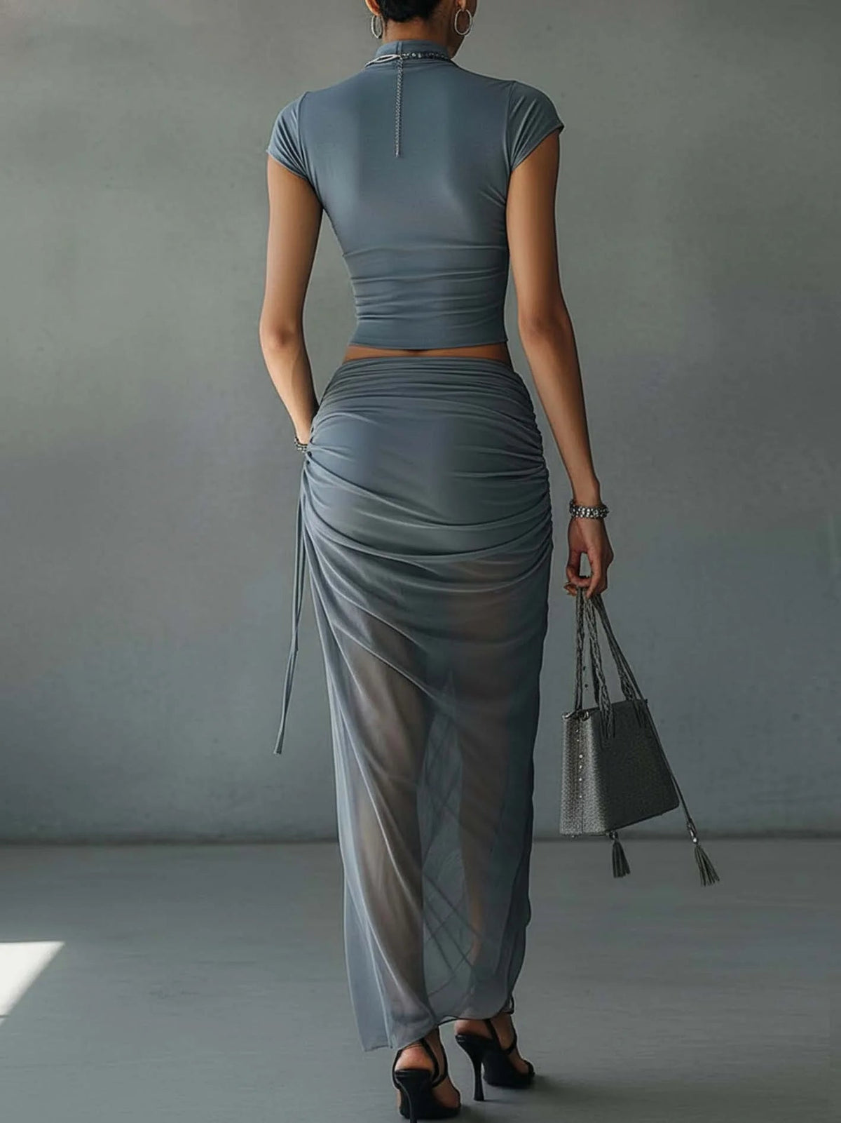 Blue Cropped T-Shirt and Sheer Mesh Draped Skirt Set | The Bellemont Sisters Australia