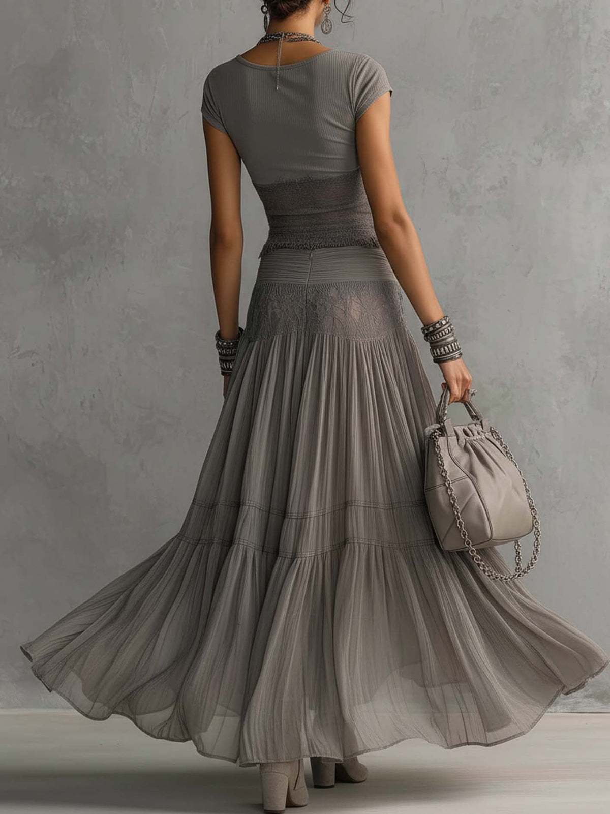 Grey Sheer Lace-Paneled Top and Pleated Maxi Skirt Set | The Bellemont Sisters Australia