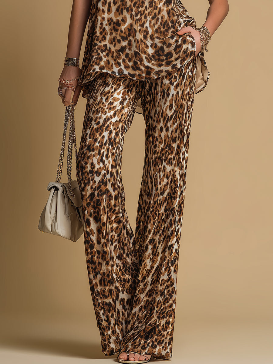 Elegant Leopard Print Sleeveless Chiffon Top And Flared Pants Set | The Bellemont Sisters Australia