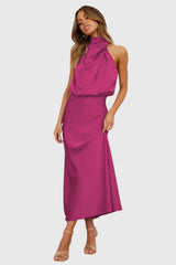 Ava | Glamorous Satin Halter Dress – Magenta | The Bellemont Sisters Australia