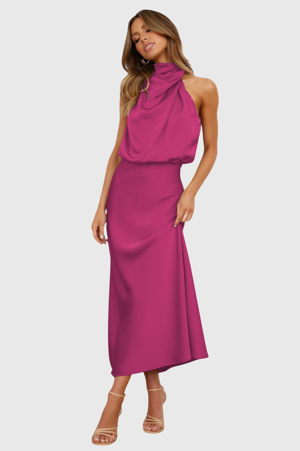 Ava | Glamorous Satin Halter Dress – Magenta | The Bellemont Sisters Australia