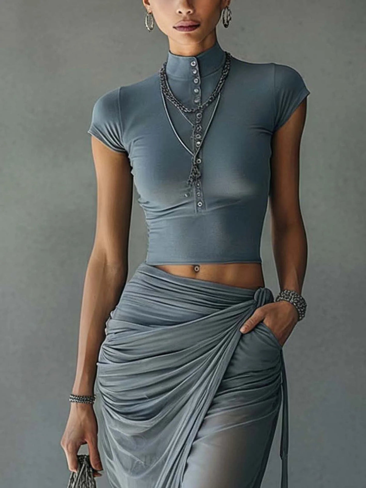 Blue Cropped T-Shirt and Sheer Mesh Draped Skirt Set | The Bellemont Sisters Australia