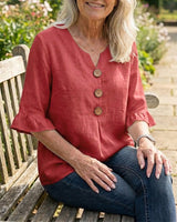 Janet | V-Neck Blouse with Wooden Buttons and Ruffled Sleeves | The Bellemont Sisters Australia