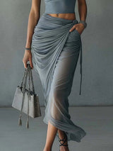 Blue Cropped T-Shirt and Sheer Mesh Draped Skirt Set | The Bellemont Sisters Australia