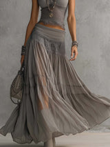 Grey Sheer Lace-Paneled Top and Pleated Maxi Skirt Set | The Bellemont Sisters Australia