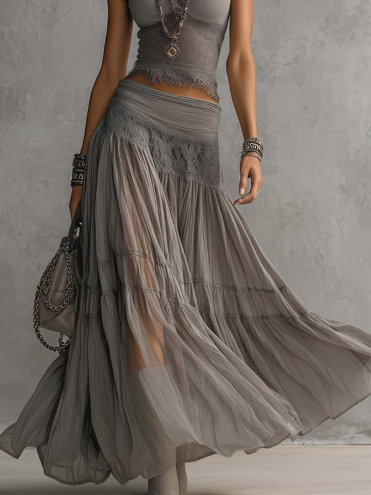 Grey Sheer Lace-Paneled Top and Pleated Maxi Skirt Set | The Bellemont Sisters Australia