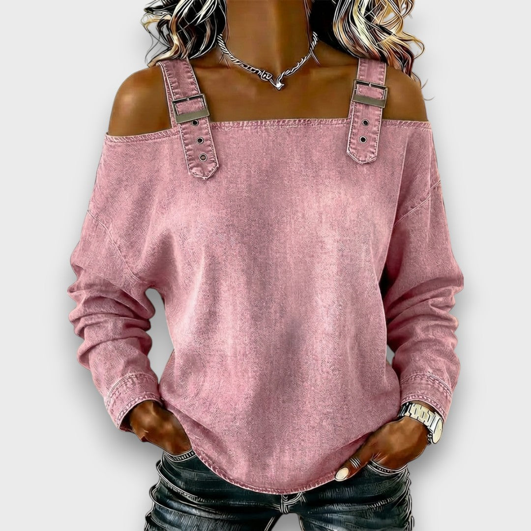 Elama – Off-Shoulder Denim Top – Pink | The Bellemont Sisters Australia