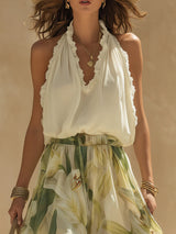 Alessandra - Chiffon Sleeveless Top with Ruffles and Lilium Print Trousers | The Bellemont Sisters Australia
