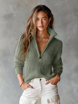 Chic Elegant Beige Half-Zipper Collar Long-Sleeve Loose-Fit Breathable Knit Sweater Top | The Bellemont Sisters Australia