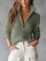 Chic Elegant Beige Half-Zipper Collar Long-Sleeve Loose-Fit Breathable Knit Sweater Top – Green | The Bellemont Sisters Austr