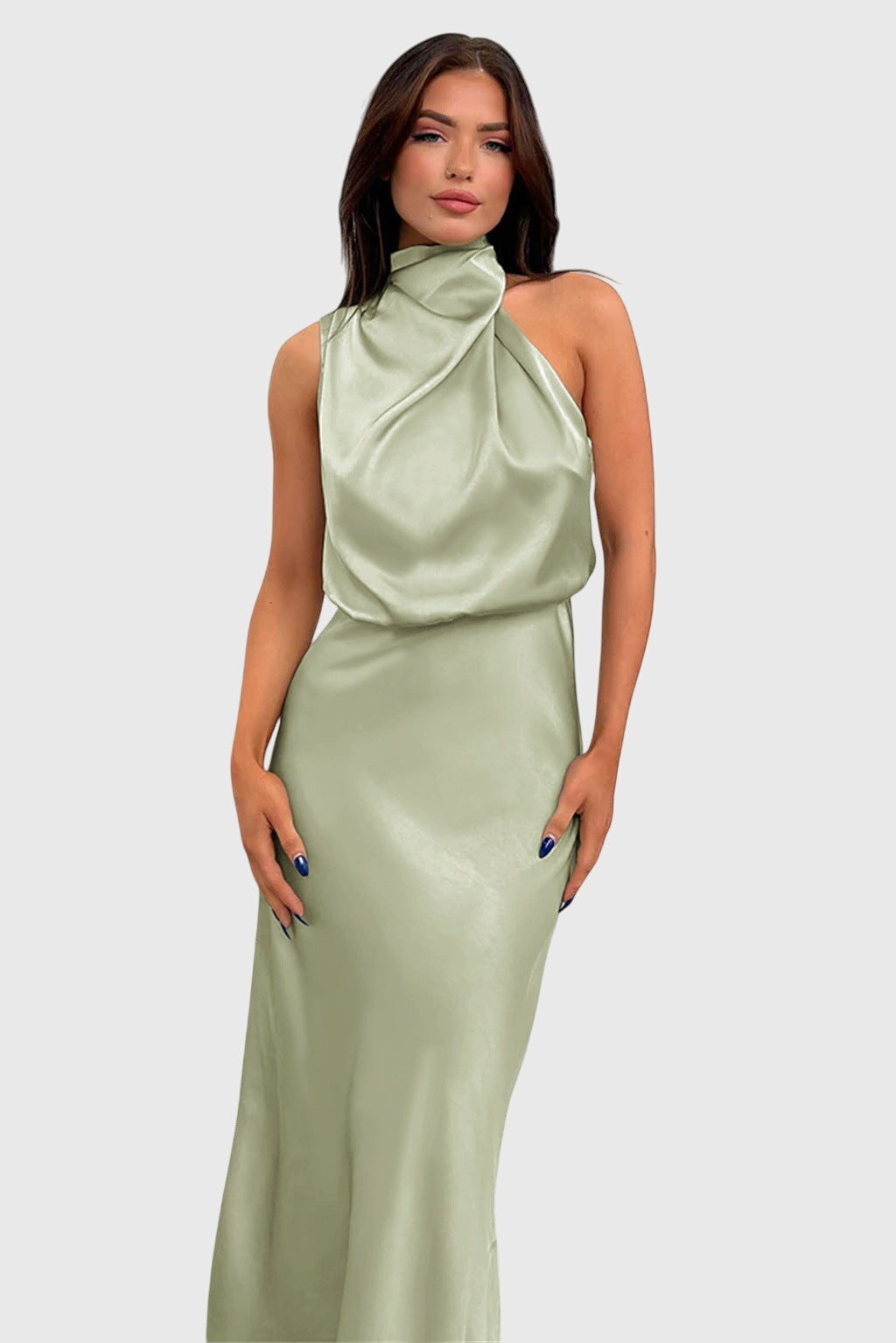 Ava | Glamorous Satin Halter Dress – Light Green | The Bellemont Sisters Australia
