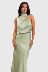 Ava | Glamorous Satin Halter Dress – Light Green | The Bellemont Sisters Australia