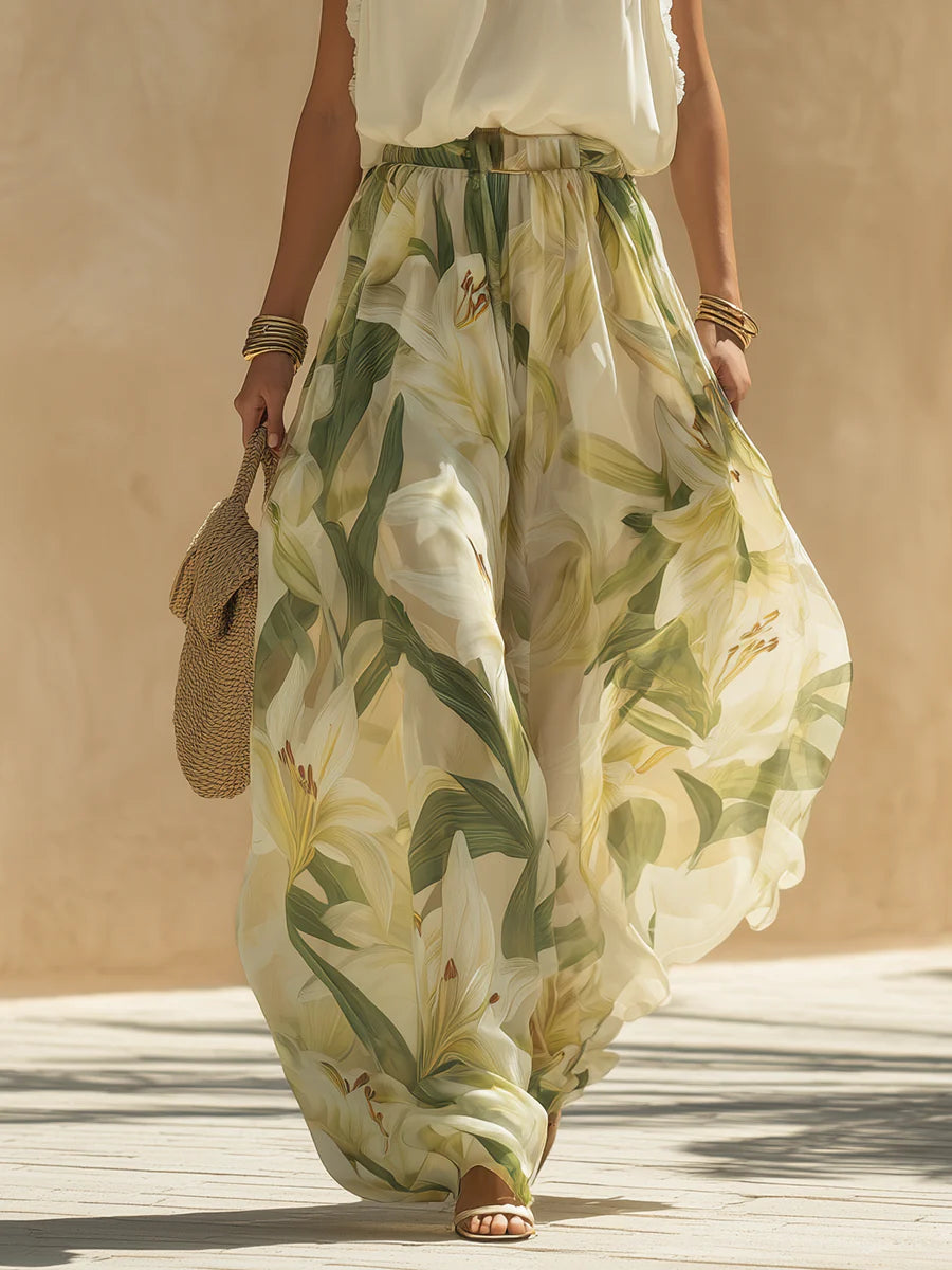 Alessandra - Chiffon Sleeveless Top with Ruffles and Lilium Print Trousers | The Bellemont Sisters Australia