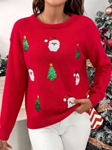 Easy Red Sequin Christmas Sweater for Women with Crew Neck Long Sleeve Sequin Santa Relaxed Fit Knit Style | The Bellemont Si