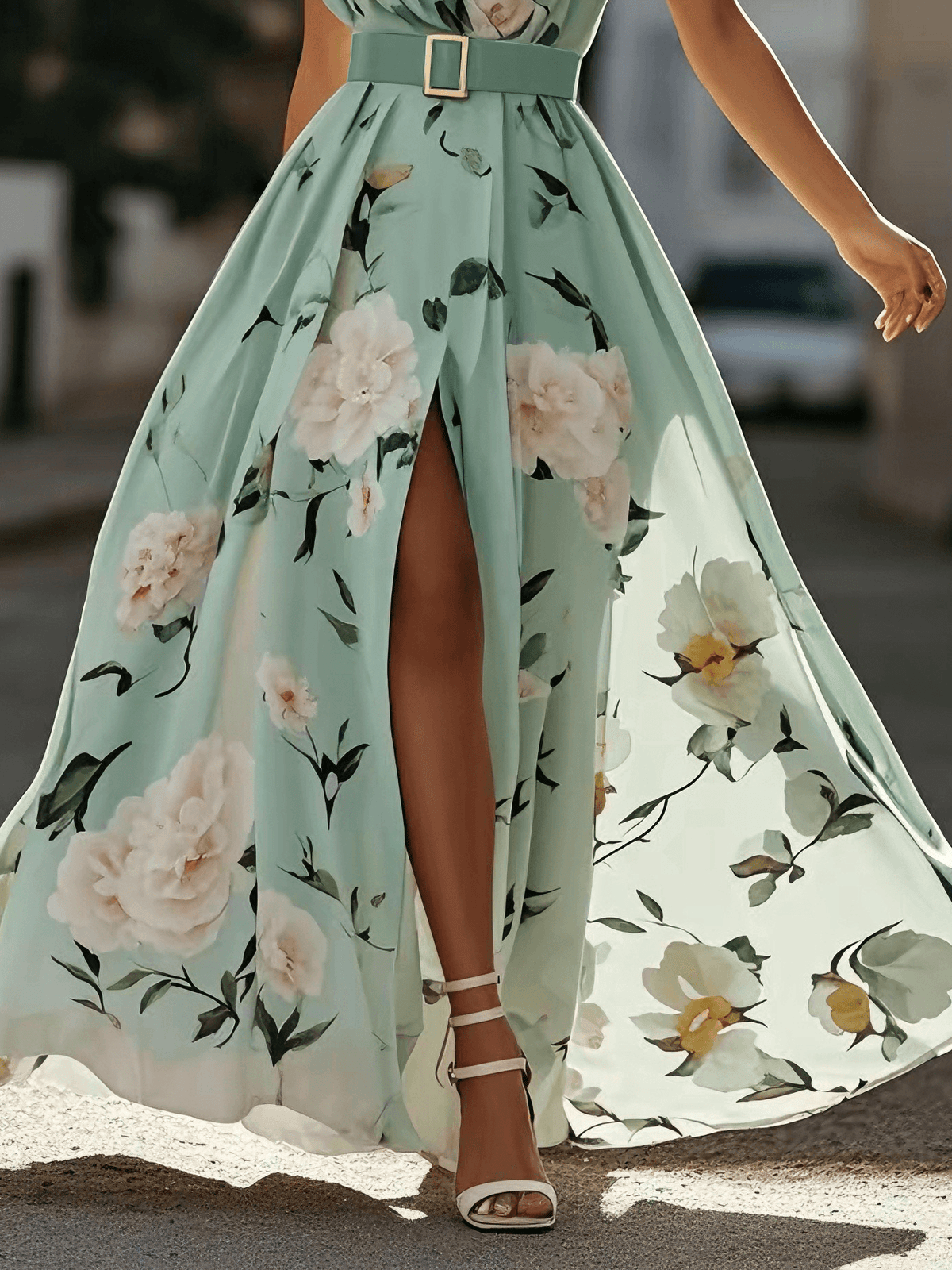 Light Green Floral Ruched One Shoulder A-Line Maxi Chiffon Dress | The Bellemont Sisters Australia