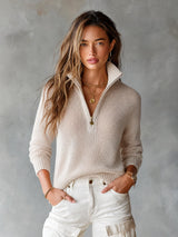 Chic Elegant Beige Half-Zipper Collar Long-Sleeve Loose-Fit Breathable Knit Sweater Top | The Bellemont Sisters Australia