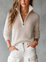 Chic Elegant Beige Half-Zipper Collar Long-Sleeve Loose-Fit Breathable Knit Sweater Top – Beige | The Bellemont Sisters Austr