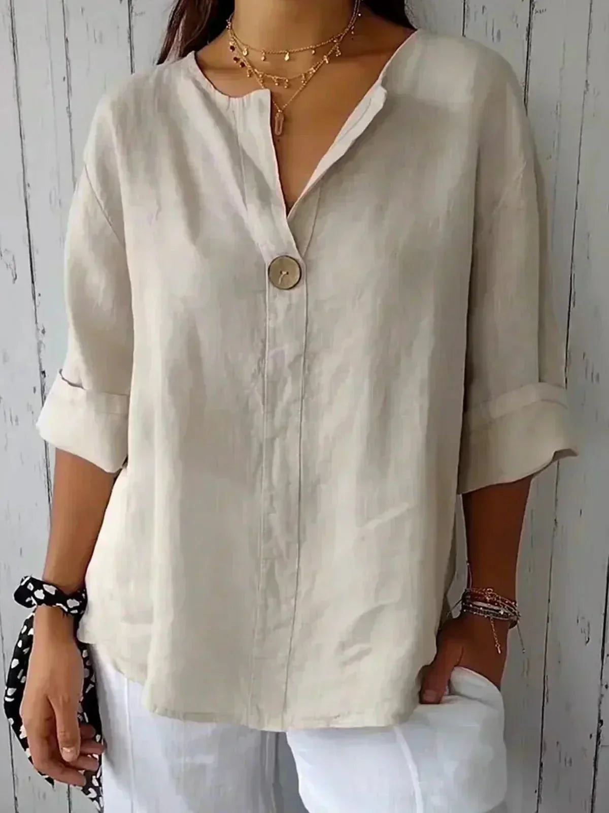 Zamma | Relaxed V-Neck Top – Beige (Almost sold out) | The Bellemont Sisters Australia