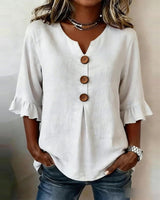 Janet | V-Neck Blouse with Wooden Buttons and Ruffled Sleeves – White | The Bellemont Sisters Australia