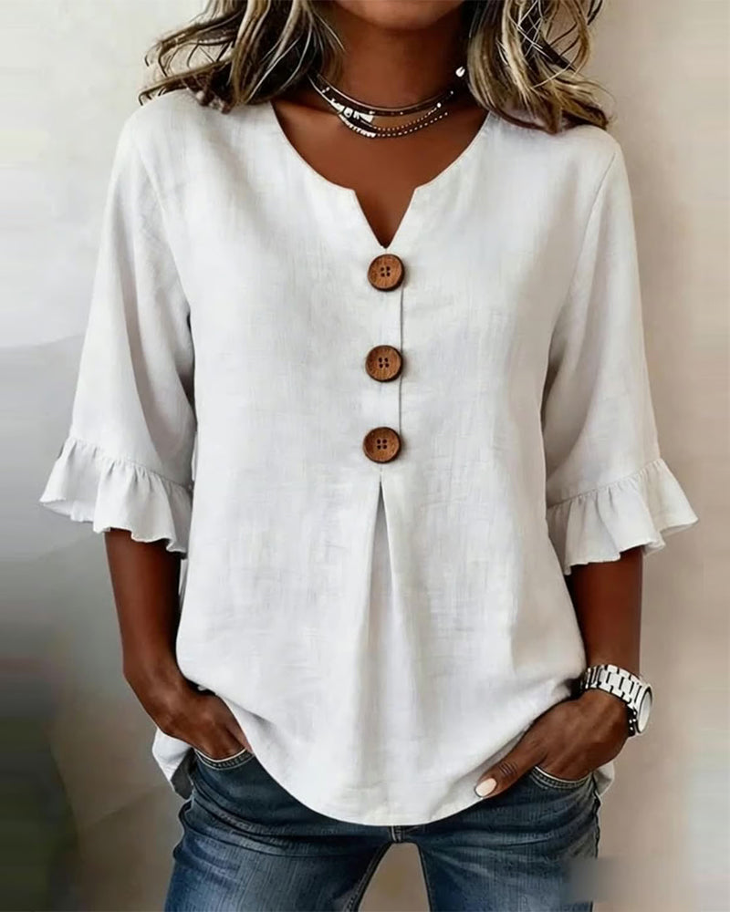 Janet | V-Neck Blouse with Wooden Buttons and Ruffled Sleeves – White | The Bellemont Sisters Australia