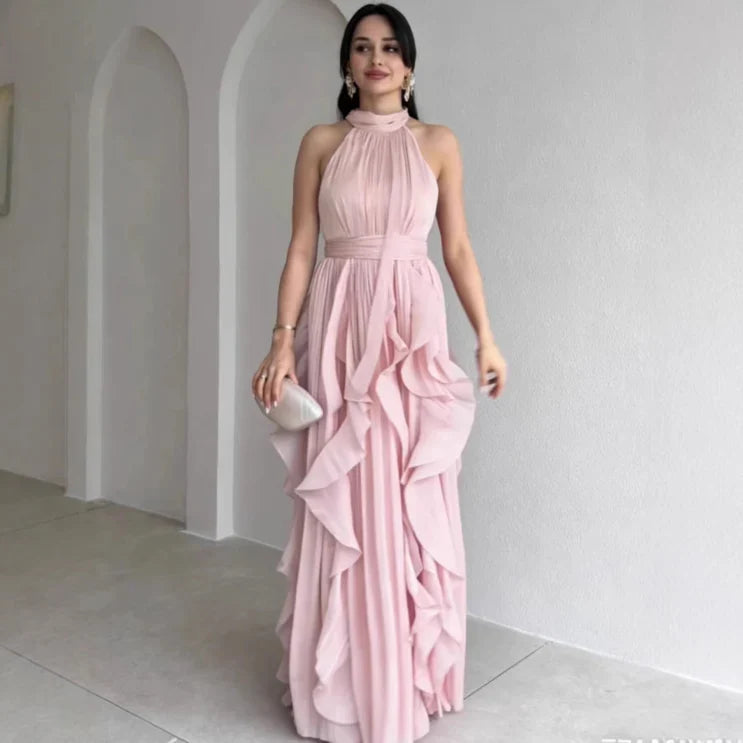 Orea™ High Neck Gathered Ruffle Layers Maxi Dress – Light Pink | The Bellemont Sisters Australia