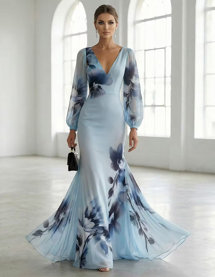 Light Blue Gradient Ink Wash Floral Chiffon V Neck Long Sleeves Maxi Dress – Light Blue | The Bellemont Sisters Australia