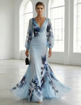Light Blue Gradient Ink Wash Floral Chiffon V Neck Long Sleeves Maxi Dress – Light Blue | The Bellemont Sisters Australia