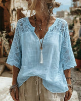 Cynthia | V-Neck Blouse with Lace Detail – Blue | The Bellemont Sisters Australia