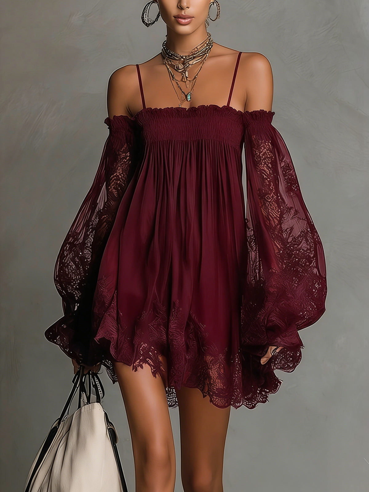 Noemi | Mini dress in navy blue chiffon with off-the-shoulder neckline, lace trim, and sheer sleeves | The Bellemont Sisters 