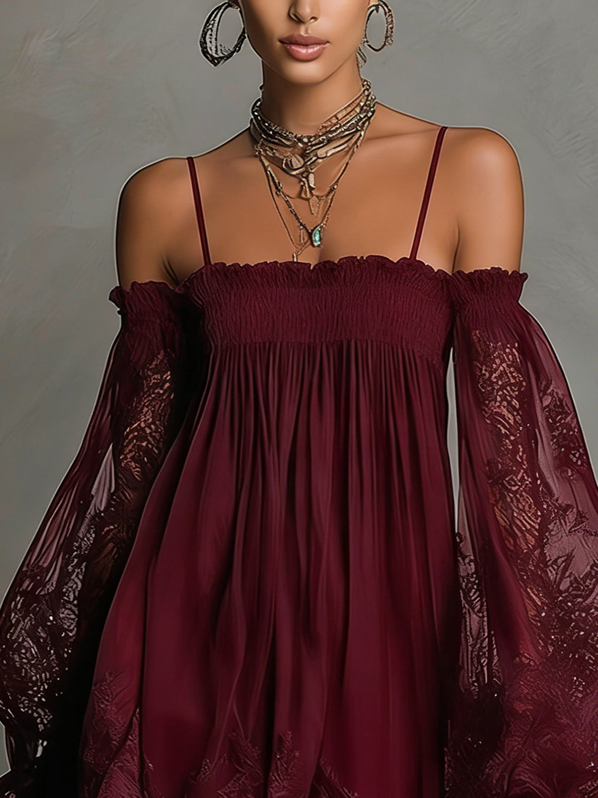 Noemi | Mini dress in navy blue chiffon with off-the-shoulder neckline, lace trim, and sheer sleeves | The Bellemont Sisters 