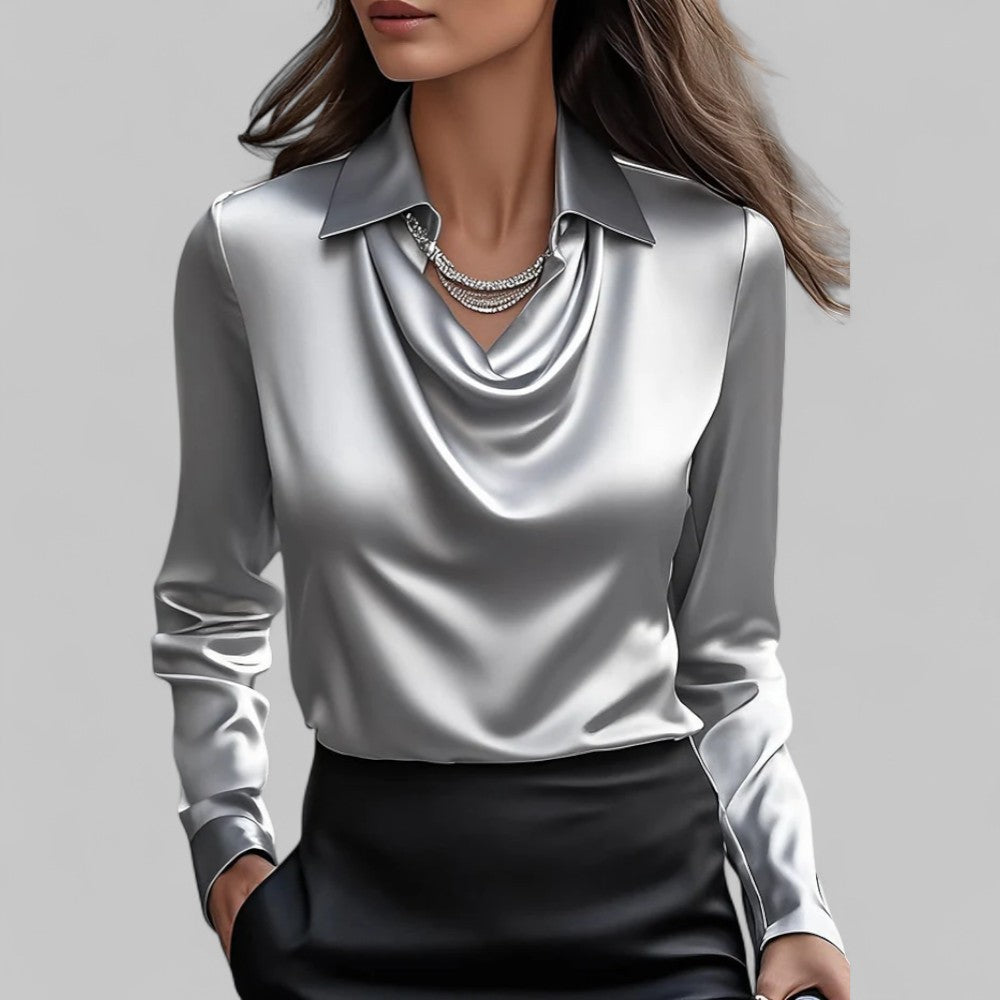 Rose | Women’s Draped Neck Long Sleeve Satin Blouses – Grey | The Bellemont Sisters Australia