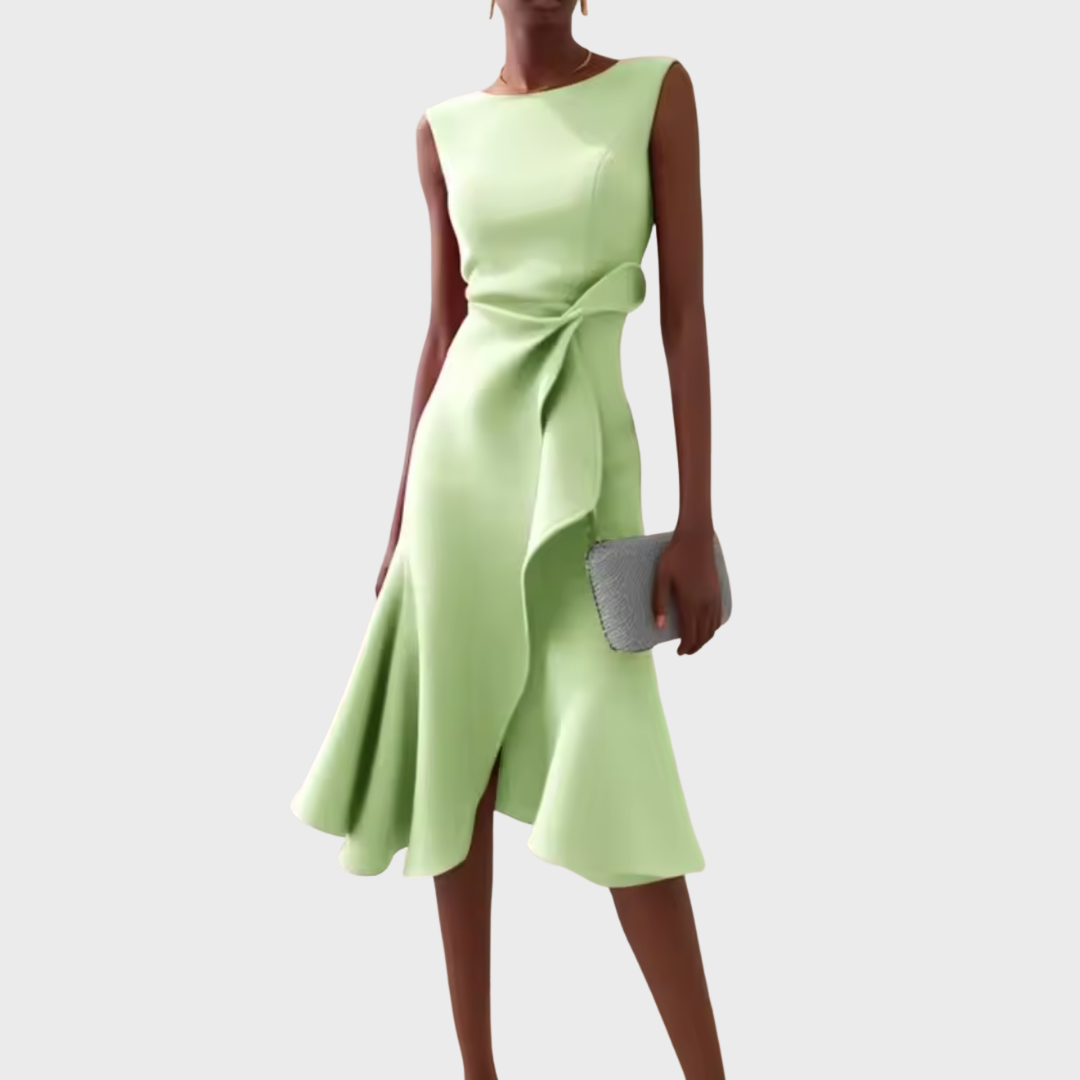 Eleanor | Women’s Draped Asymmetric Midi Dress – Light Green | The Bellemont Sisters Australia